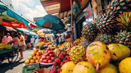 Vibrant Display of Fresh Organic Fruits at a Bustling Farmers' Market