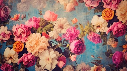 Vintage style backdrop with array of multicolored flowers set against a textured blue background