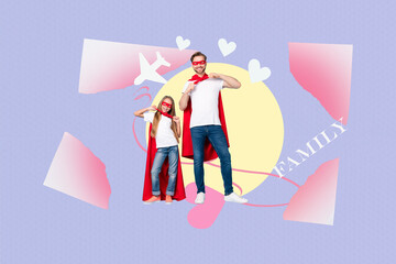Composite photo collage of family daddy daughter wear cape mask heart valentine airplane foster...