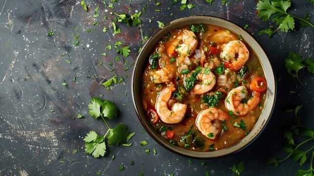 A bowl of spicy shrimp stew garnished with fresh parsley on a dark rustic background.