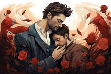 Same-sex male couple hugs against artistic background with birds and red roses. Concept of a same-sex relationship.