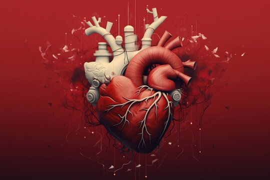 Detailed image of a human heart on a red background
