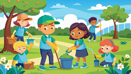a vector illustration of kids volunteering cleanin 