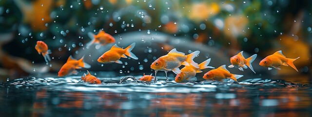 a lot of goldfish jump off the water in nature pond with water splashing, amazing wildlife nature,  Generative Ai