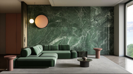 Sala de estar com parede de mármore verde e sofá verde - Papel de parede