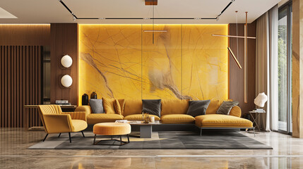 Sala de estar com parede de mármore amarelo e sofá amarelo - Papel de parede - obrazy, fototapety, plakaty