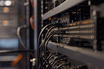 close-up photo focusing on the sleek cable management solutions employed in a data center, with neatly organized wires and connectors contributing to the overall efficiency of the