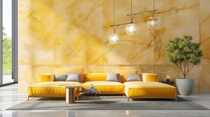 Sala de estar com parede de mármore amarelo e sofá amarelo - Papel de parede