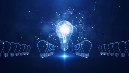 A light bulb at the center illuminates connections of polygons on a dark blue background, Concept of choosing ideal leader