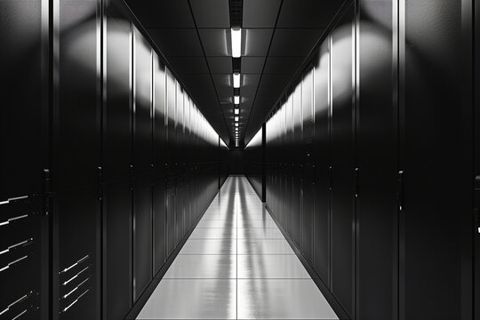minimalist photo of the sleek architecture of a data center housing rows of server racks, with reflective surfaces adding depth and sophistication to the space, photo