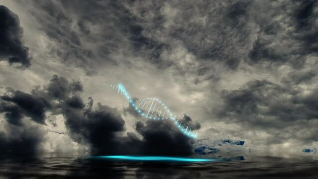 A simple model of a DNA molecule double helix made of small glowing blue neon dots, light bulbs over water with ripples and reflection against a time lapse background of a rainy cloudy grey sky. 4k.