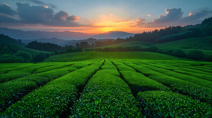 Panorama of beautiful tea garden - obrazy, fototapety, plakaty