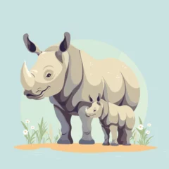 Gordijnen Baby rhinoceros with mother rhinoceros vector cartoon illustration © baobabay