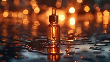 Luxurious Glass Dropper Bottle Filled with Gold Serum Reflecting Warm Bokeh Lights - obrazy, fototapety, plakaty