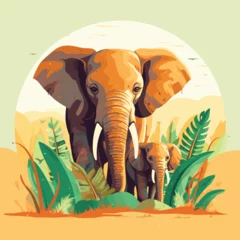 Poster Baby elephant with mother vector cartoon illustration © baobabay