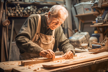An elderly man doing carpentry work in a workshop. Small business concept, hobby concept. Generative AI.
