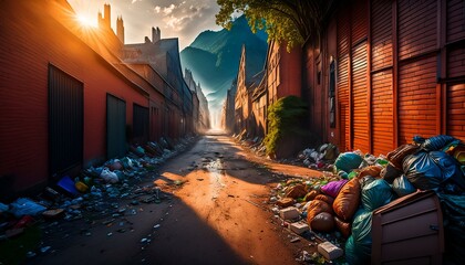 Urban Neglect: Dirty Alley with Scattered Garbage and Trash Littering the Ground - obrazy, fototapety, plakaty