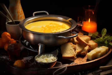 Juicy fondue on a metal tray against a rusted iron background