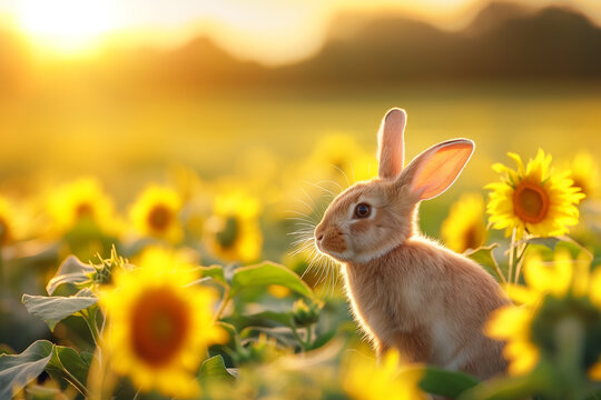 Photo of A bunny sitting in a sunflower field