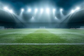 Soccer stadium at night with empty green lawn and spotlight. Football championship banner