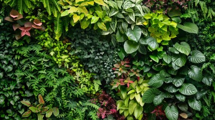 Diverse Green Wall With Various Plant Species - obrazy, fototapety, plakaty