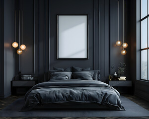 Mockup Frame over a bed in a beautiful interior of a modern bedroom dark walls.