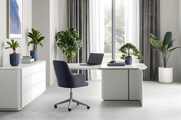 Modern office interior with table, with many plants and a garden view.