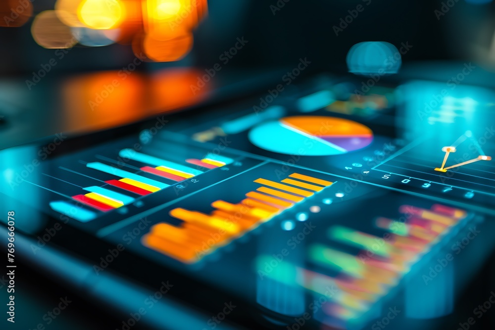 Poster futuristic dashboard with live data analysis charts in dark. business intelligence concept.