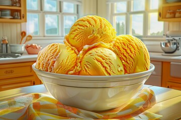 Freshly Scooped Homemade Vanilla Ice Cream in a White Bowl on a Sunny Kitchen Table