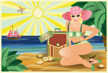 Obraz na płótnie Canvas Travel Pinup girl with bag, vip invitation card, vector illustrationint