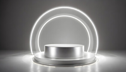 Abstract shine silver cylinder pedestal podium. Sci-fi white empty room concept. Generative AI.