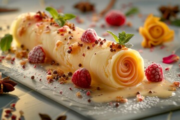 Gourmet Swiss Roll Cake Garnished with Fresh Raspberries, Mint, and Chocolate Shavings on a Stylish...