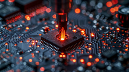 Precision in Tech: Tweezers on a Circuit Board - obrazy, fototapety, plakaty
