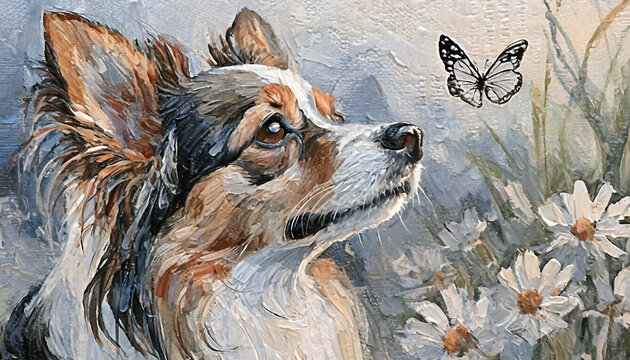 A dog's head is watercolor art painted, with a butterfly, a butterfly flies near the dog's nose. mountainous background with flowers. watercolor illustration.