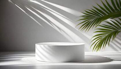 Abstract white 3D room with realistic white cylinder pedestal podium set and palm leaf shado....