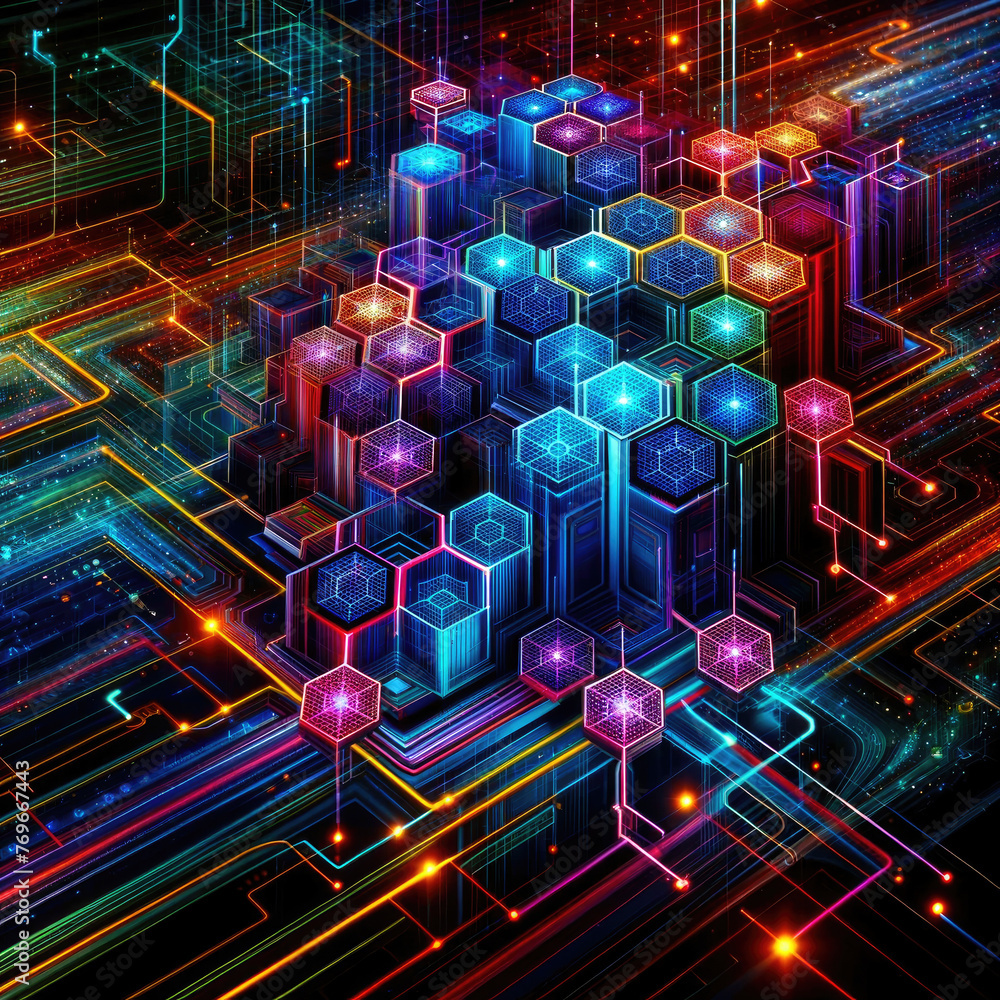 Poster a colorful image of a cityscape with many buildings and a lot of wires. the buildings are in differe
