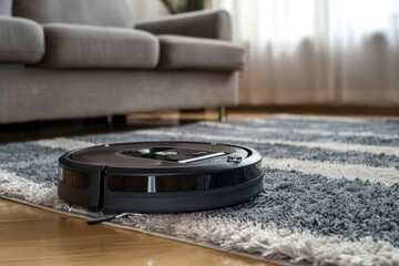Robot vacuum cleaner operating on laminate wood and carpet - obrazy, fototapety, plakaty