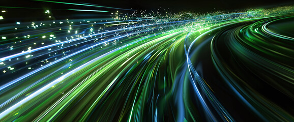 A high-speed stream of digital data flows in green and blue hues, symbolizing information transfer on a dark, dynamic background