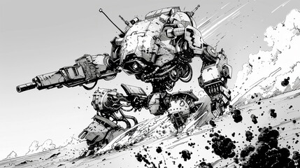 Dynamic battle robot charging forward, intricate sketch of mecha warfare. - obrazy, fototapety, plakaty