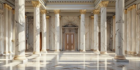 Elegant Marble Hall: Grand Columns, Luxurious Design, Sunlit Interior - obrazy, fototapety, plakaty