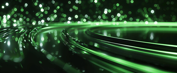 gleaming; green; energy waves; particle effect; visual; sparkling; undulating; dark backdrop; light; vibrant; glow; motion; abstract; futuristic; flow; dynamic; pattern; background; luminous; technolo