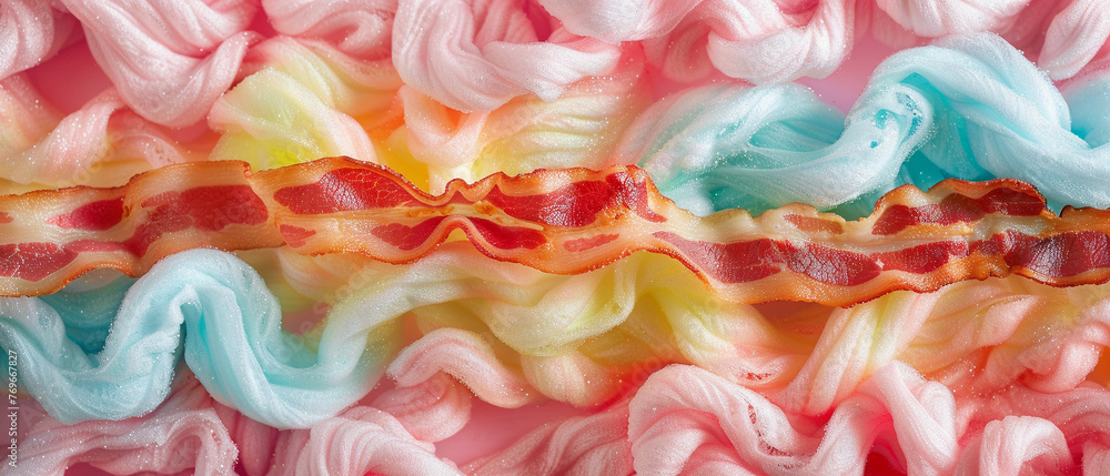 Poster abstract bacon strips pattern with colorful cotton candy texture.