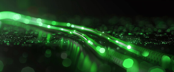 Abstract background of neon green light streams with a digital bokeh effect, depicting high-speed data movement and connectivity