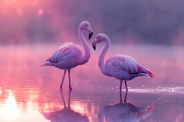 Ethereal Flamingos in Misty Pink Waters at Twilight - obrazy, fototapety, plakaty
