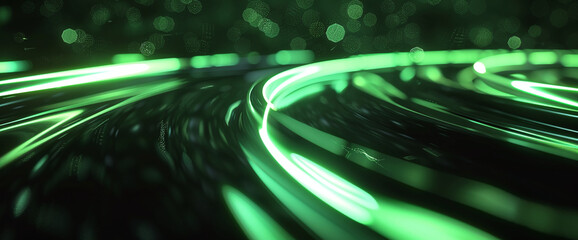 Abstract flowing waves of green neon light with a bokeh effect in the dark, creating a serene backdrop.

