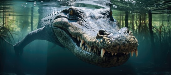 A Crocodile, a member of the Crocodilia order, is swimming in the fluid water with its mouth open in its natural fluvial landscape, showcasing wildlife behavior in the science of landscapes - obrazy, fototapety, plakaty