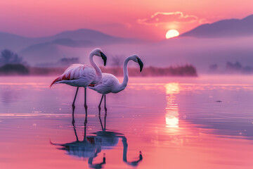 Flamingos in Misty Dawn Waters with Rising Sun