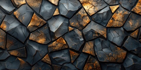 Abstract background with geometric shapes in black and golden colors with cracked raw stone texture - obrazy, fototapety, plakaty