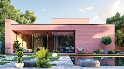 Exterior view of modern house with pink brick wall,Modern house exterior in the garden. Perspective...