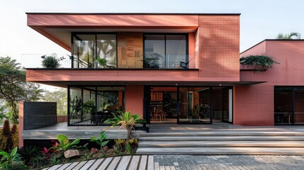 Exterior view of modern house with pink brick wall,Modern house exterior in the garden. Perspective...